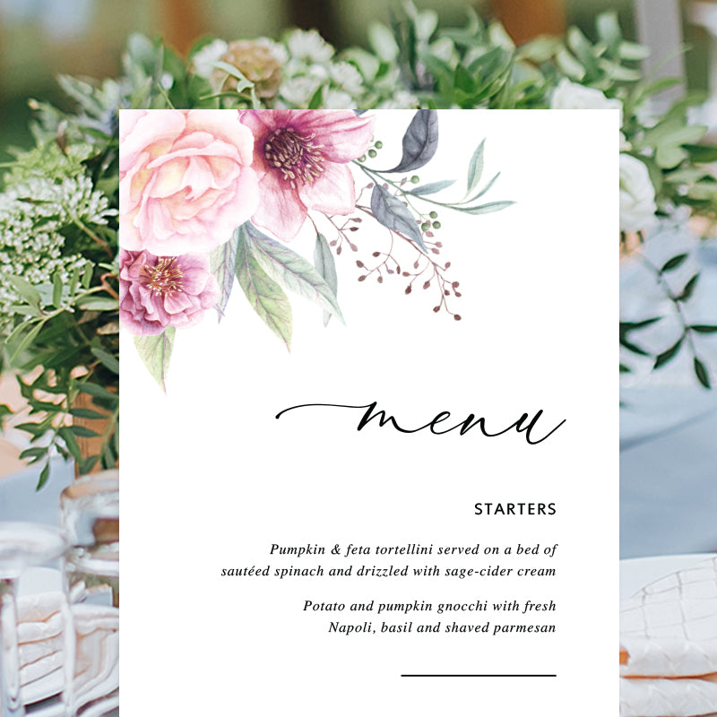 Wedding menu with pink flowers in corners and calligraphy