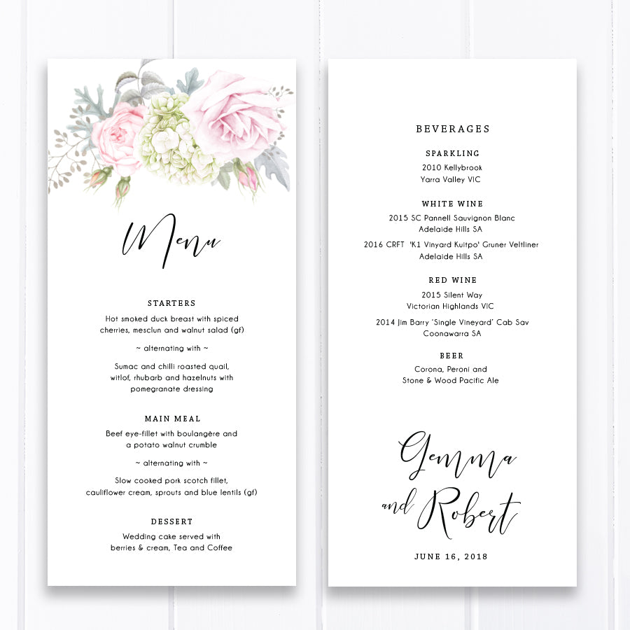 Wedding menu with large watercolour floral bouquet and modern script font, single or double sided printing, printable menu cards