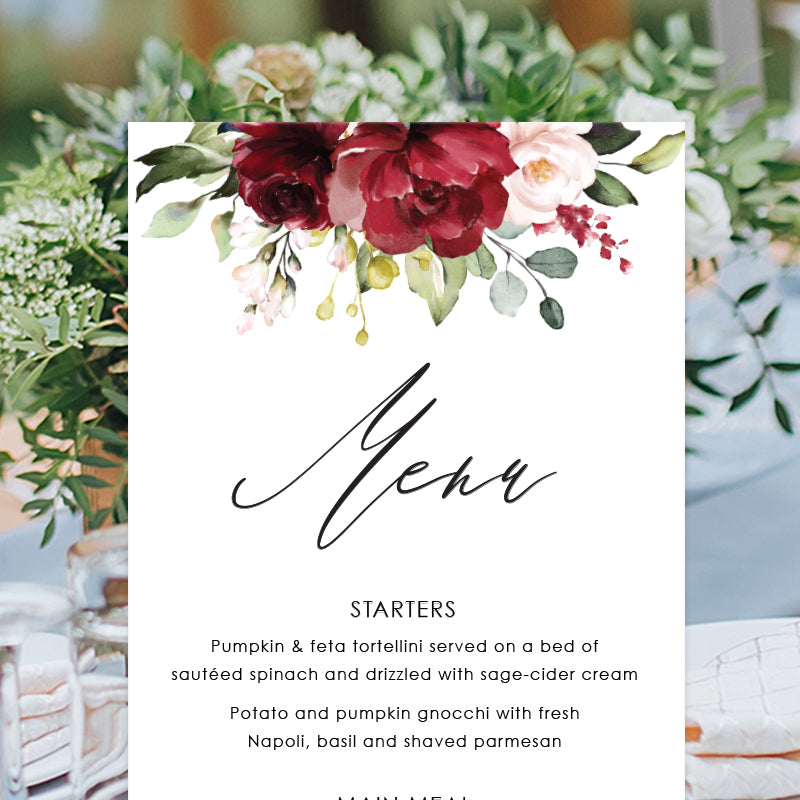 Wedding menu with deep red florals and greenery, modern calligraphy font, professionally designed and printed or printable print your own menu cards