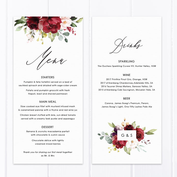 Wedding menu with deep red florals and greenery, modern calligraphy font, professionally designed and printed or printable print your own menu cards