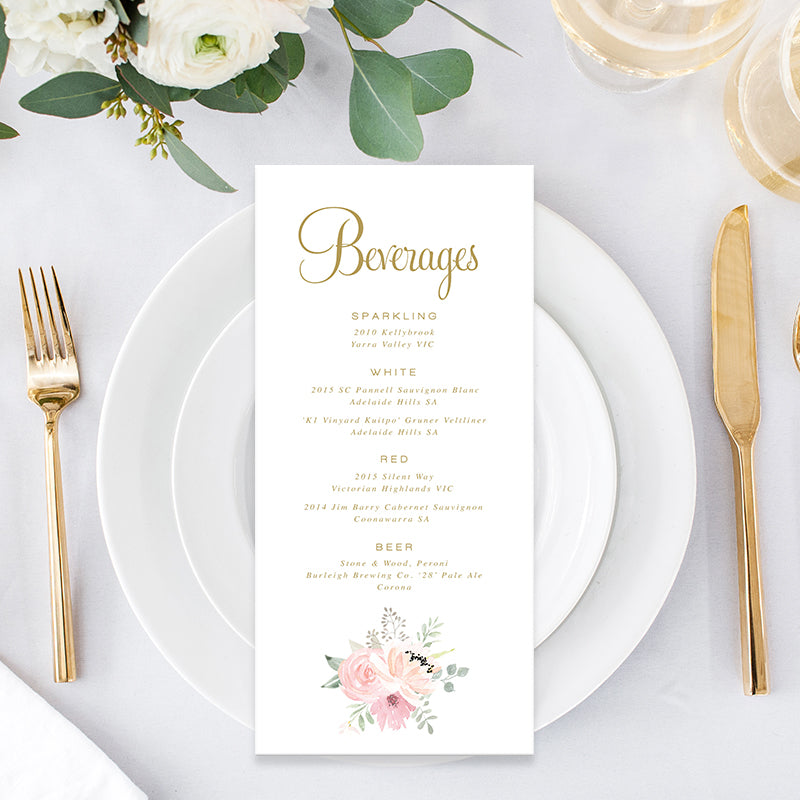 Wedding menu with blush watercolour florals and gold calligraphy text, single or double sided printing or printable menu