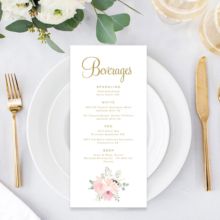 Wedding menu with blush watercolour florals and gold calligraphy text, single or double sided printing or printable menu