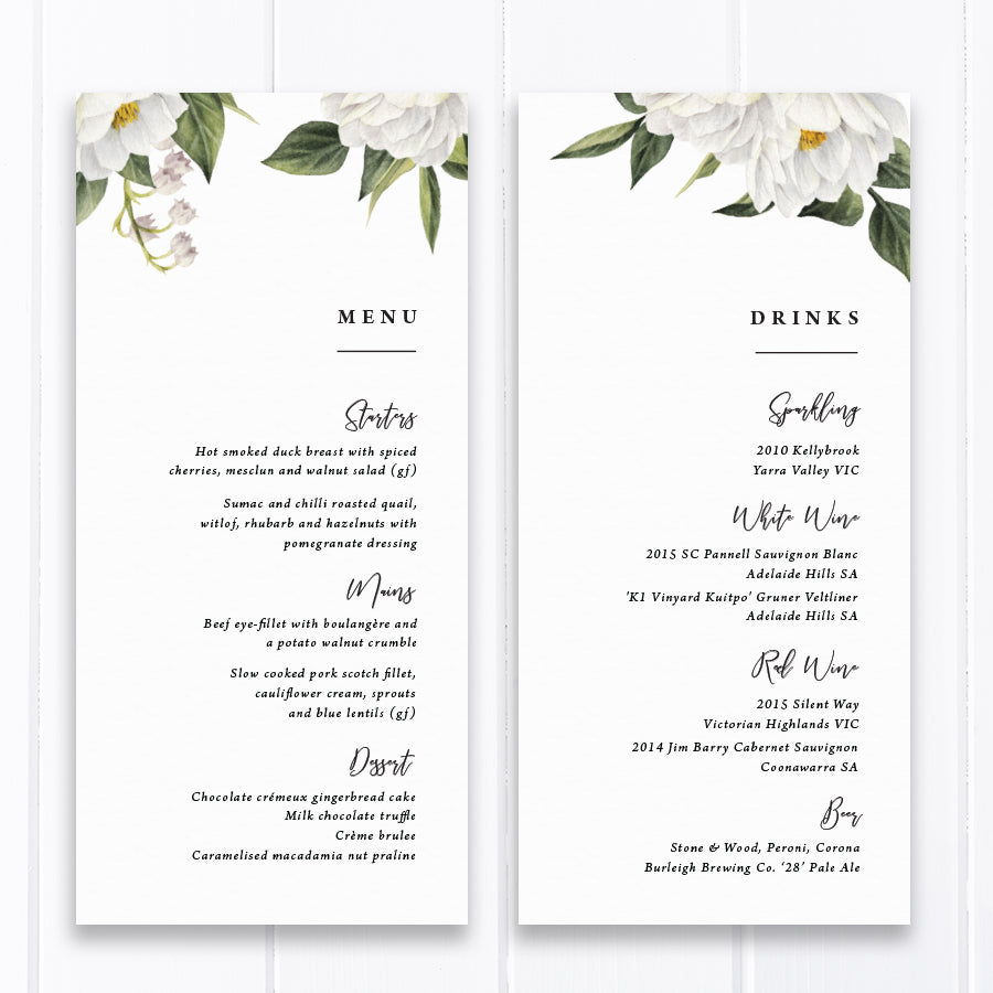 Wedding menu with white florals and green leaves, modern font styles, professionally printed in Australia or printable menu cards