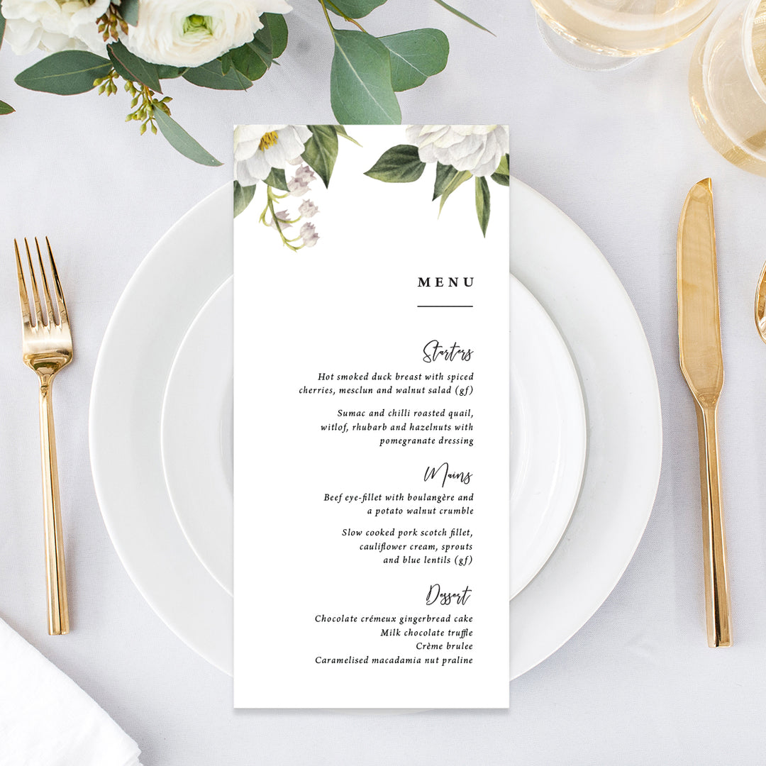 Wedding menu with white florals and green leaves, modern font styles, professionally printed in Australia or printable menu cards