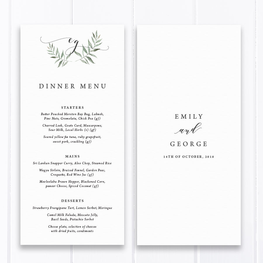 Wedding menu in Natural style with rustic green leafy monogram, Single or double sided printing or printable menus