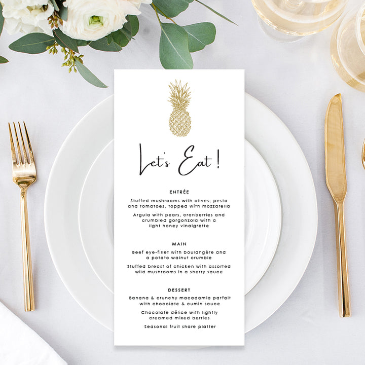 Wedding menu in black and gold, tropical gold pineapple, professionally designed and printed or printable menu card