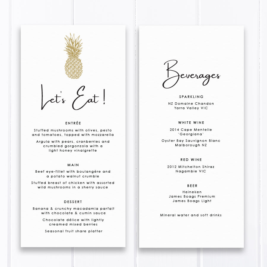 Wedding menu in black and gold, tropical gold pineapple, professionally designed and printed or printable menu card