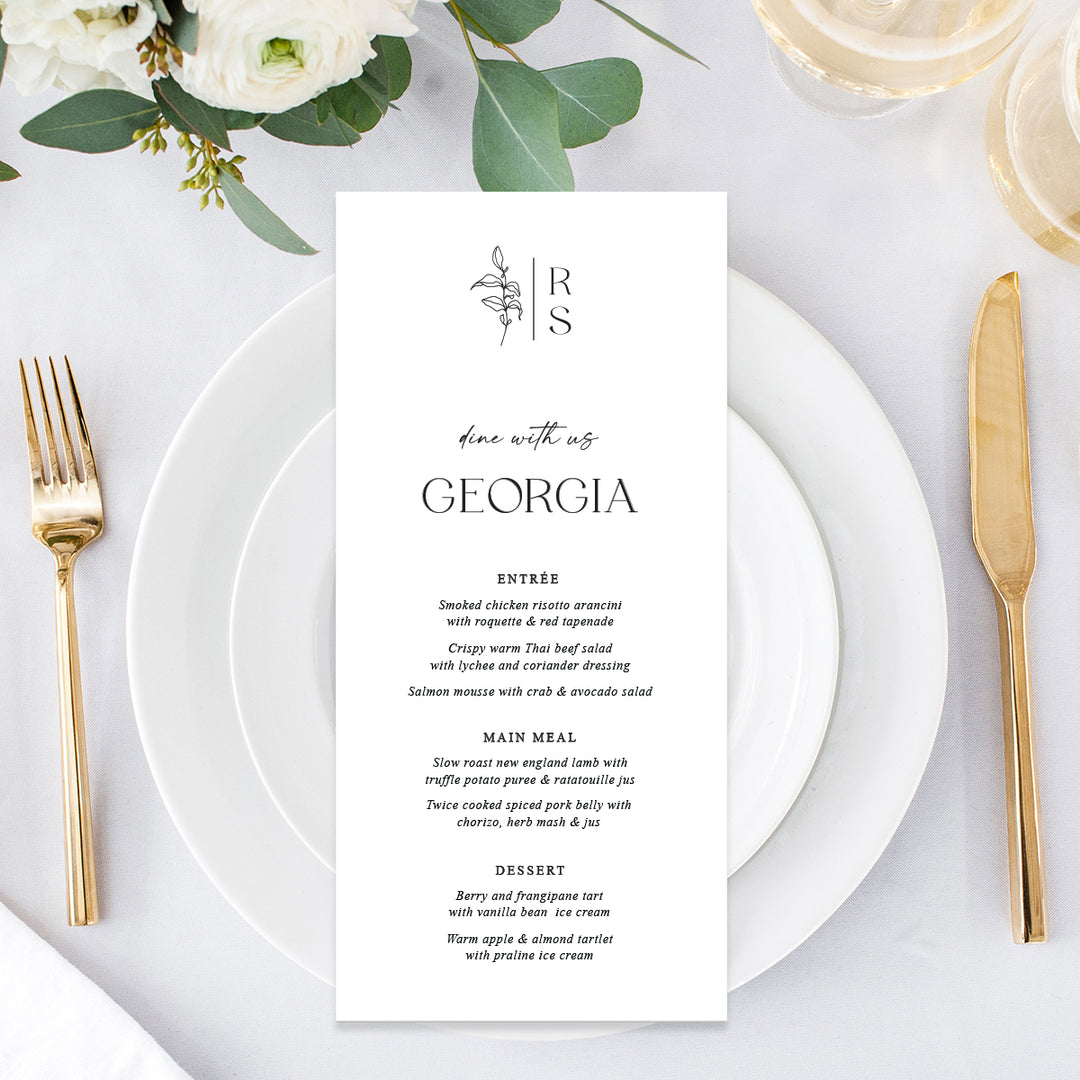 Modern monogram wedding menu with hand drawn leaf in black ink on white cardstock. Peach Perfect Australia.