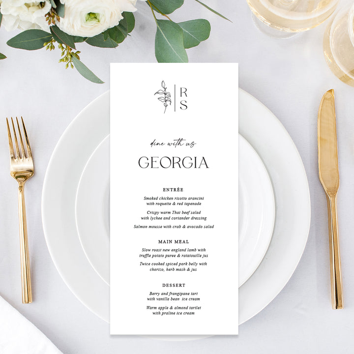 Modern monogram wedding menu with hand drawn leaf in black ink on white cardstock. Peach Perfect Australia.