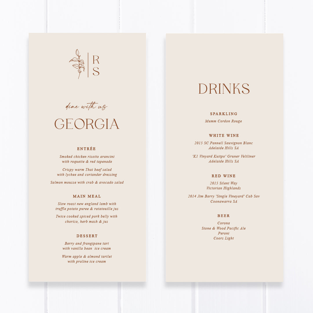 Modern monogram wedding menu with hand drawn leaf. Neutral almond coloured card with Harvest or Terracotta ink. Peach Perfect Australia. Double sided menu with drinks included.