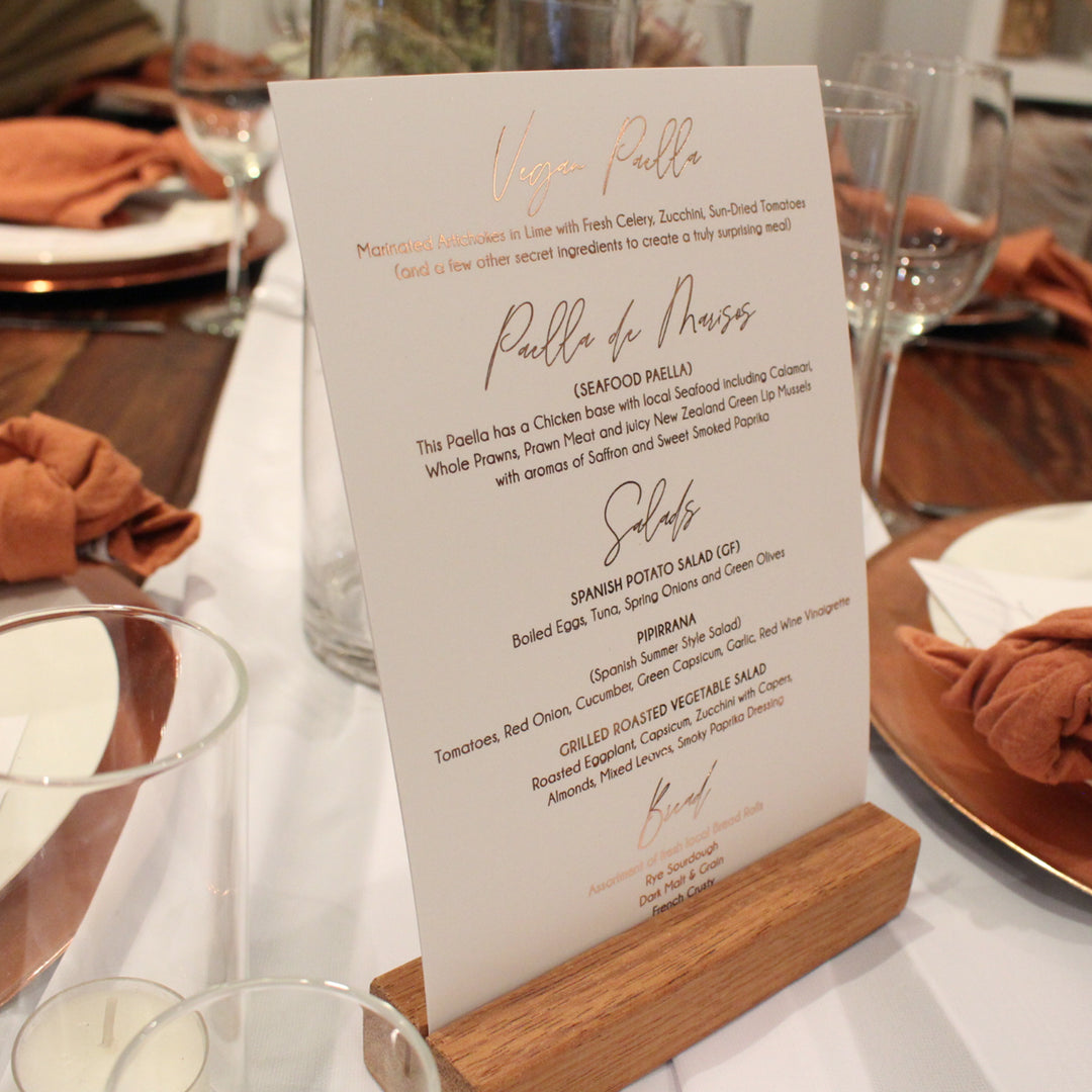 Wedding menu with gold foiling, designed and printed in Australia by Peach Perfect Stationery.