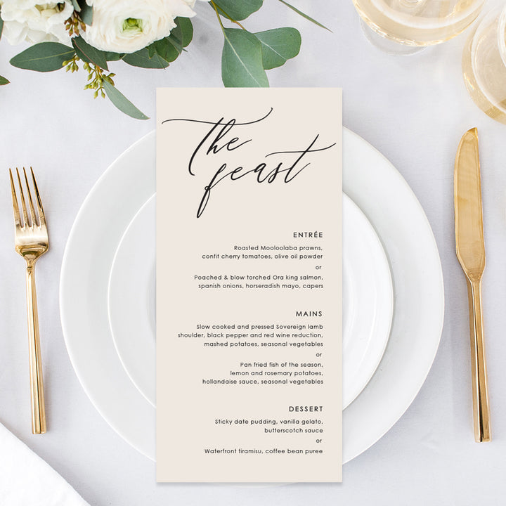 Modern wedding menu designed and printed in Australia. Neutral stone or almond colour with black ink. Guest name printing on each menu.