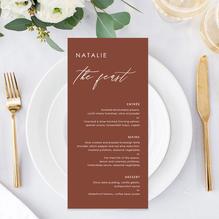 Modern wedding menu designed and printed in Australia on Harvest cardstock white ink. Guest name printing on each menu.