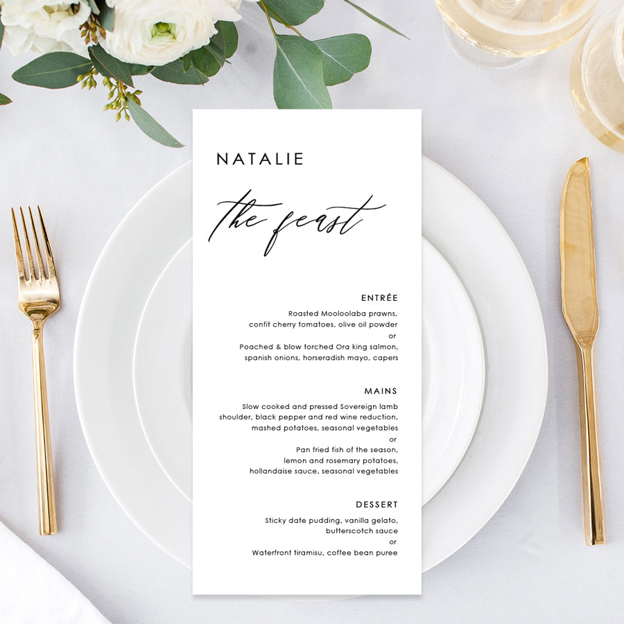 Modern wedding menu designed and printed in Australia. Black and white. Single or double sided printing. .