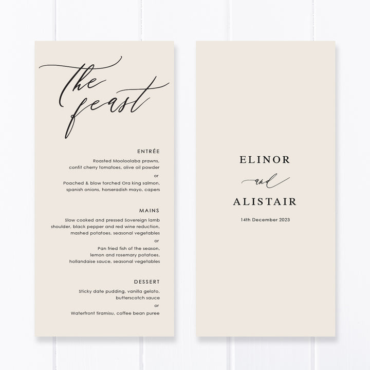Modern wedding menu designed and printed in Australia. Neutral stone or almond colour with black ink. Double sided printing. .