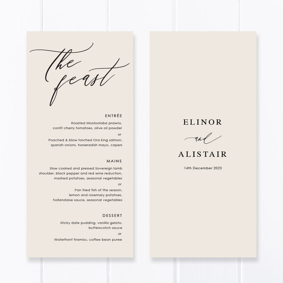 Modern wedding menu designed and printed in Australia. Neutral stone or almond colour with black ink. Double sided printing. .
