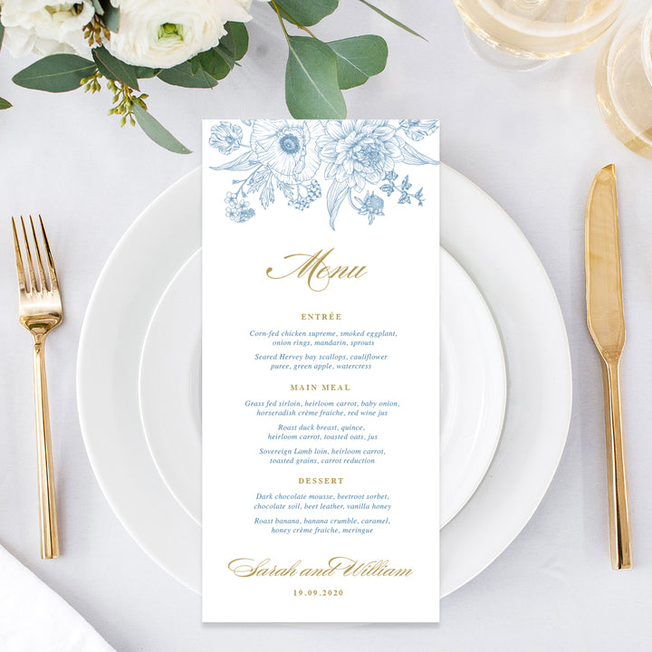 Hamptons inspired wedding menu in cornflower blue and gold with delicate hand drawn florals and gold calligraphy