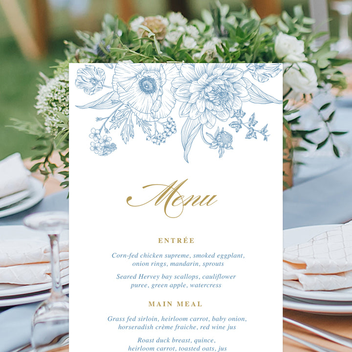 Hamptons inspired wedding menu in cornflower blue and gold with delicate hand drawn florals and gold calligraphy