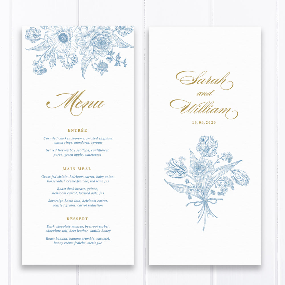 Hamptons inspired wedding menu in cornflower blue and gold with delicate hand drawn florals and gold calligraphy