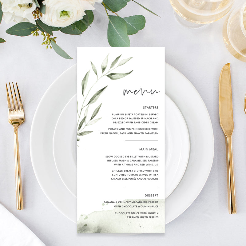 Wedding menu with green watercolour leaf and modern fonts