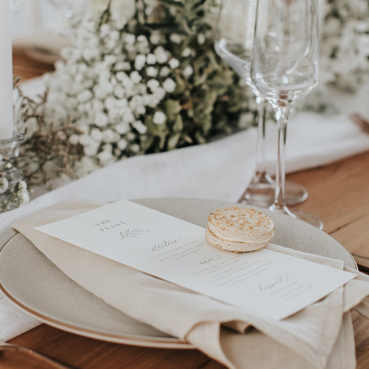 Wedding menu double sided with calligraphy font and leaf detail in soft grey and white neutral colours. Peach Perfect Australia.