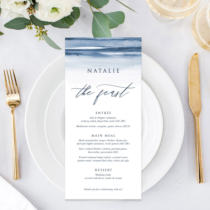 Navy blue watercolour ombre wedding menu, calligraphy font, single or double sided, professionally printed or printable menu cards. Peach Perfect.
