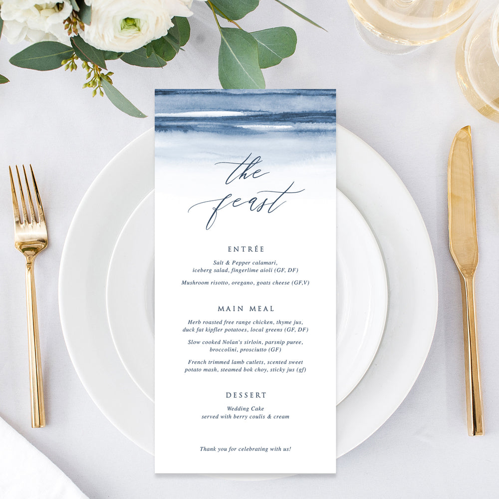 Navy blue watercolour ombre wedding menu, calligraphy font, single or double sided, professionally printed or printable menu cards. Peach Perfect.