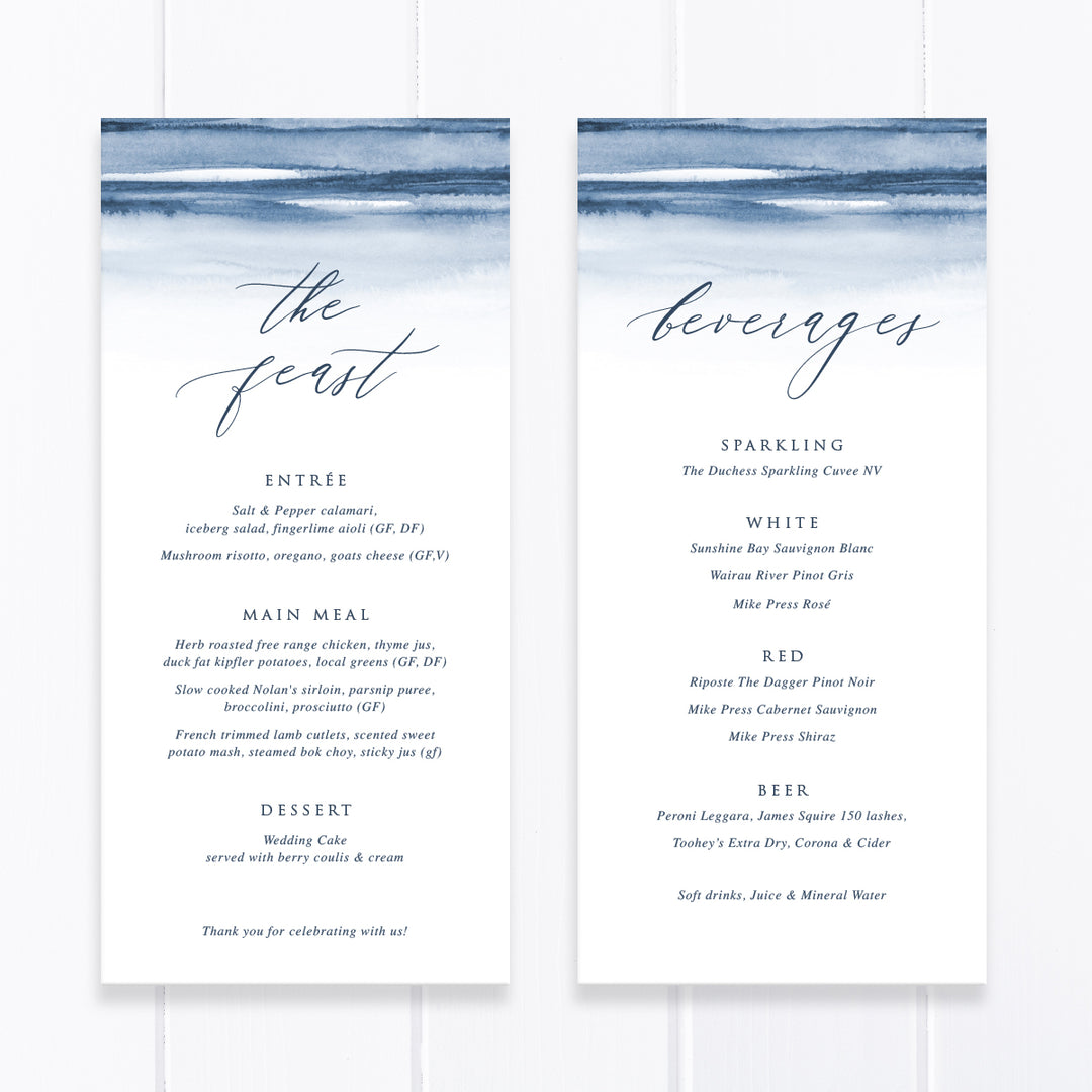 Navy blue watercolour ombre wedding menu, calligraphy font, single or double sided, professionally printed or printable menu cards. Peach Perfect.