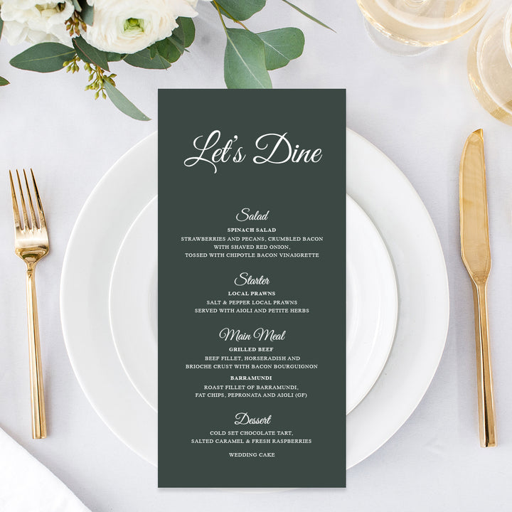 Traditional timeless wedding menu in neutral forest green and white ink with guest name printing and calligraphy font. Printed in Australia by Peach Perfect.