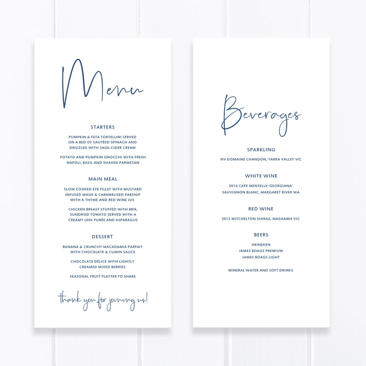 Simplistic Wedding Menu card, stunning modern calligraphy font, navy blue and white, double sided with drinks menu on back.