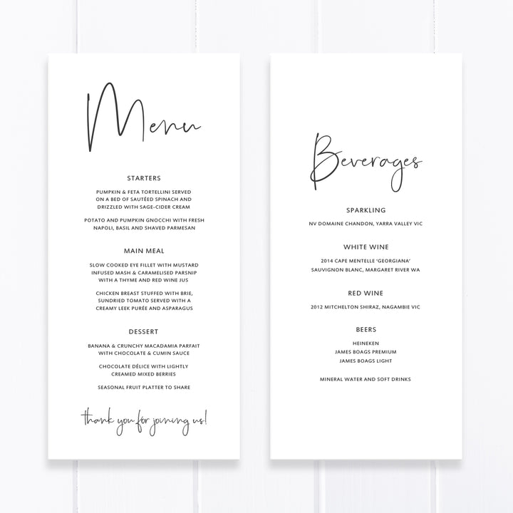 Simplistic Wedding Menu card, stunning modern calligraphy font, charcoal text and white, double sided with drinks menu on back.