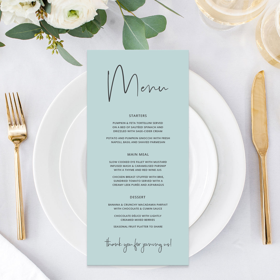 Minimal wedding menu with modern font, duck egg blue, designed and printed in Australia.