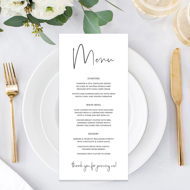 Simplistic Wedding Menu card, stunning modern calligraphy font, black ink on white, designed and printed in Australia.