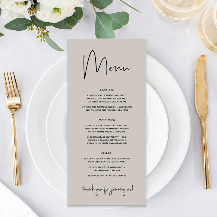 Minimal wedding menu with modern font, black ink on stone card, designed and printed in Australia.