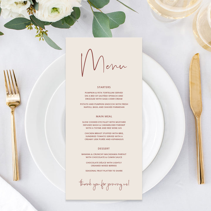 Minimal wedding menu with modern font, terracotta ink on cream card, designed and printed in Australia.