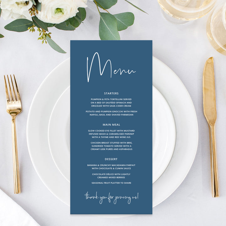 Minimal wedding menu with modern font, white ink on royal blue, designed and printed in Australia.