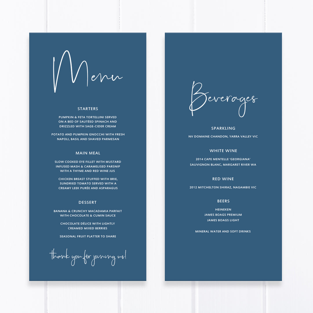 Minimal wedding menu with modern font, white ink on royal blue, double sided with drinks list.