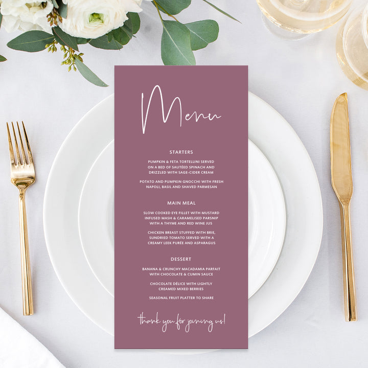 Minimal wedding menu with modern font, white ink on plum, designed and printed in Australia.