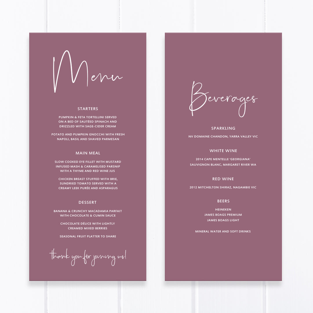 Minimal wedding menu with modern font, white ink on plum, double sided with drinks list.