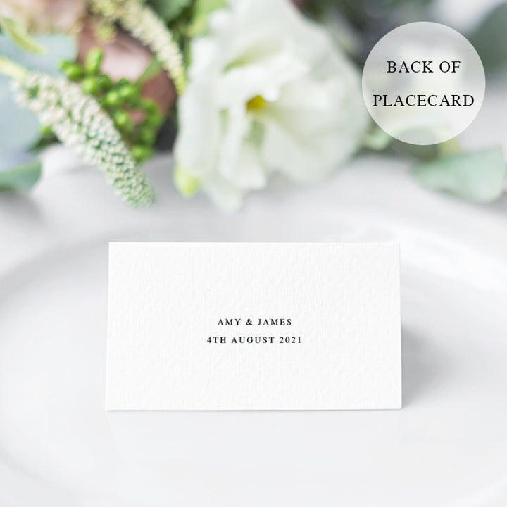 Back of wedding place cards with bride and grooms names and date of wedding