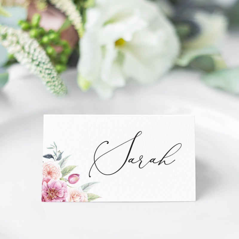 Elegant wedding place cards designed and printed in Australia with pink florals and calligraphy font