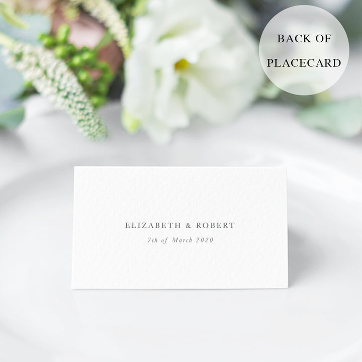 Traditional wedding place card with calligraphy font and table number. Bride and grooms name printed on the back.