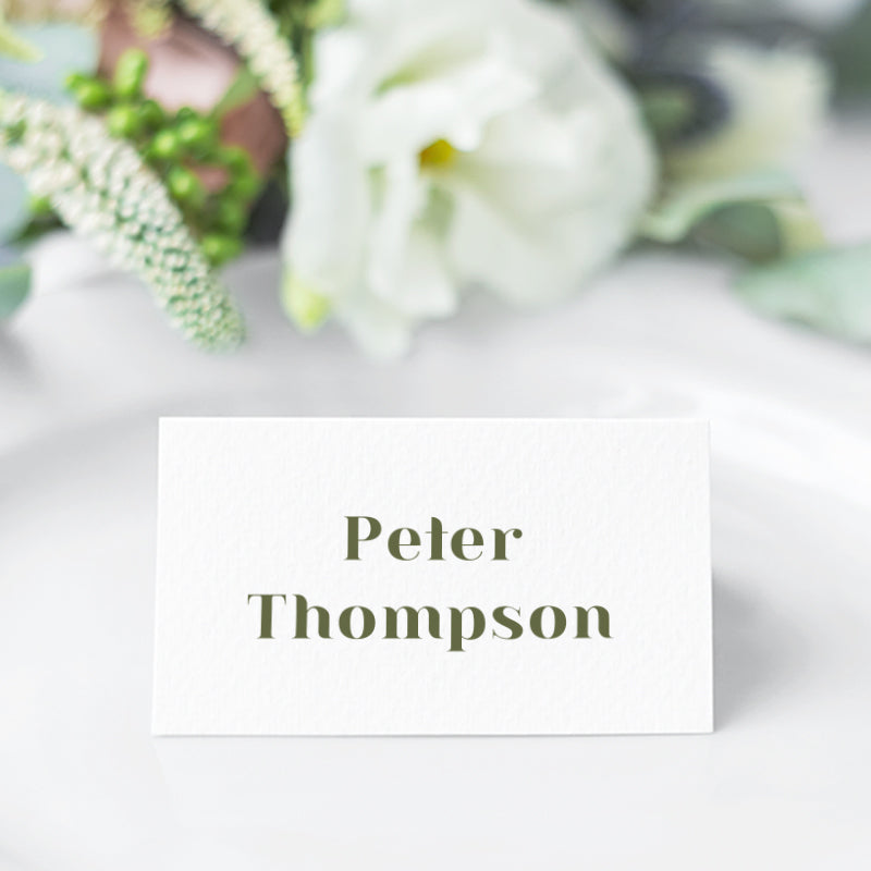 Modern wedding or event place card design as flat or folded place cards, printed in Australia, olive green on premium white card.