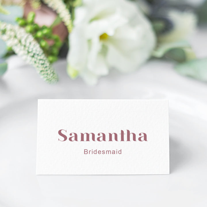 Modern wedding or event place card design as flat or folded place cards, printed in Australia, pink on premium white card.