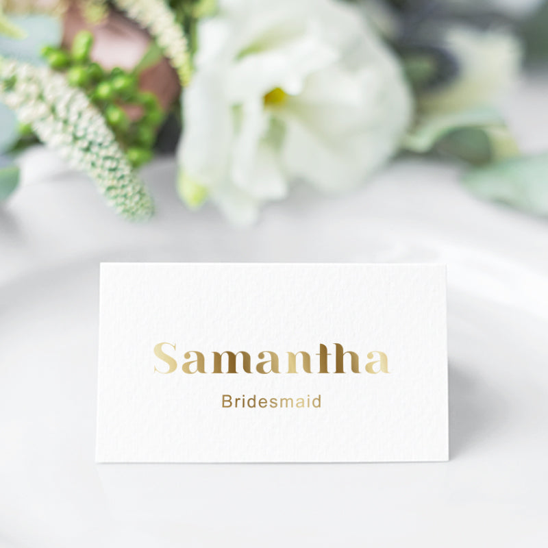 Modern wedding place cards with gold foil with first and last names, printed in Australia