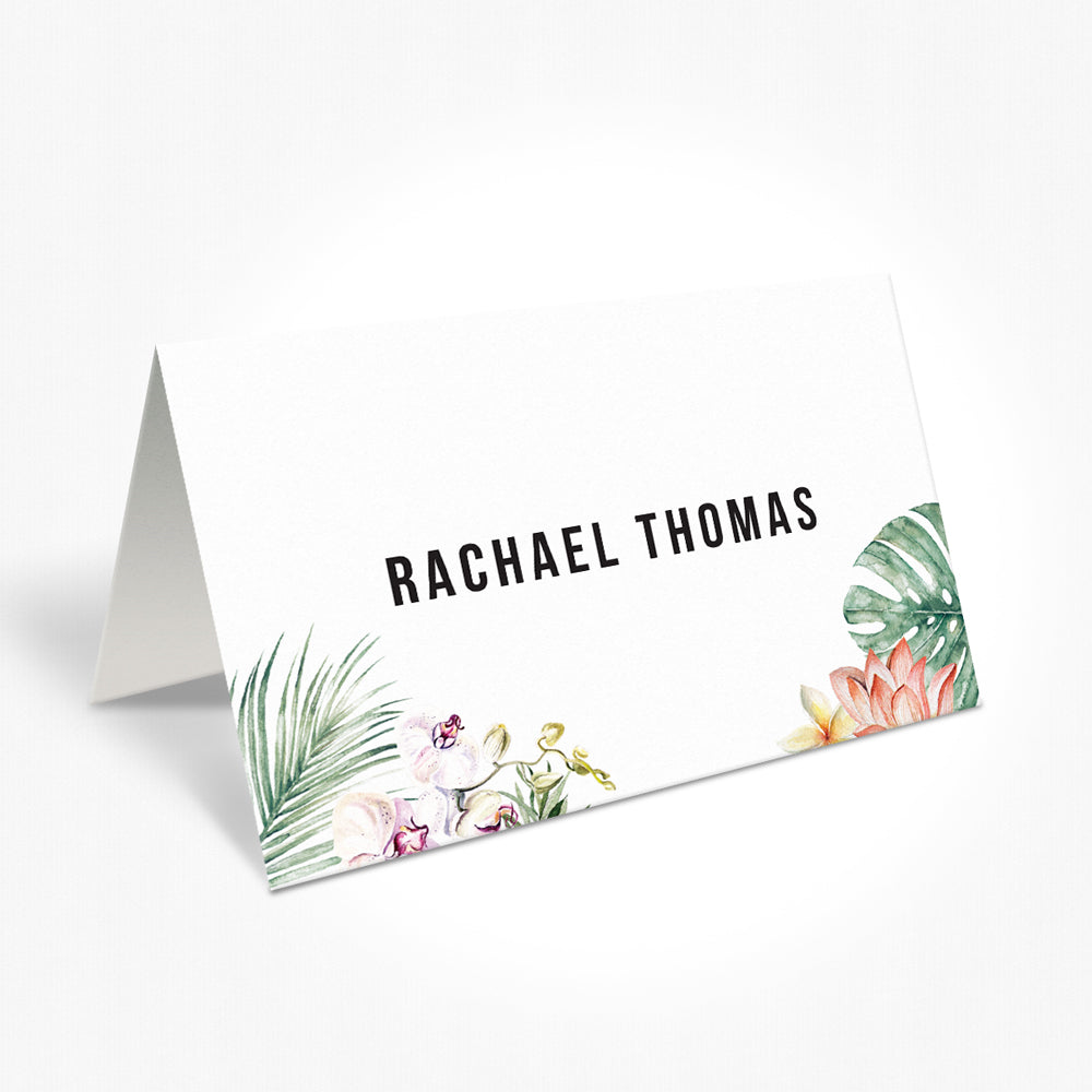 Modern tropical wedding name cards, place cards, escort cards. Tropical Leaves. Peach Perfect Australia.