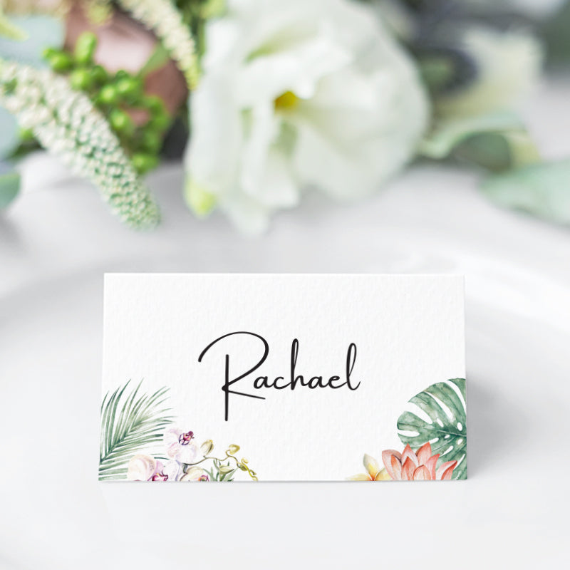 Modern tropical wedding name cards, place cards, escort cards. Tropical Leaves. Peach Perfect Australia.