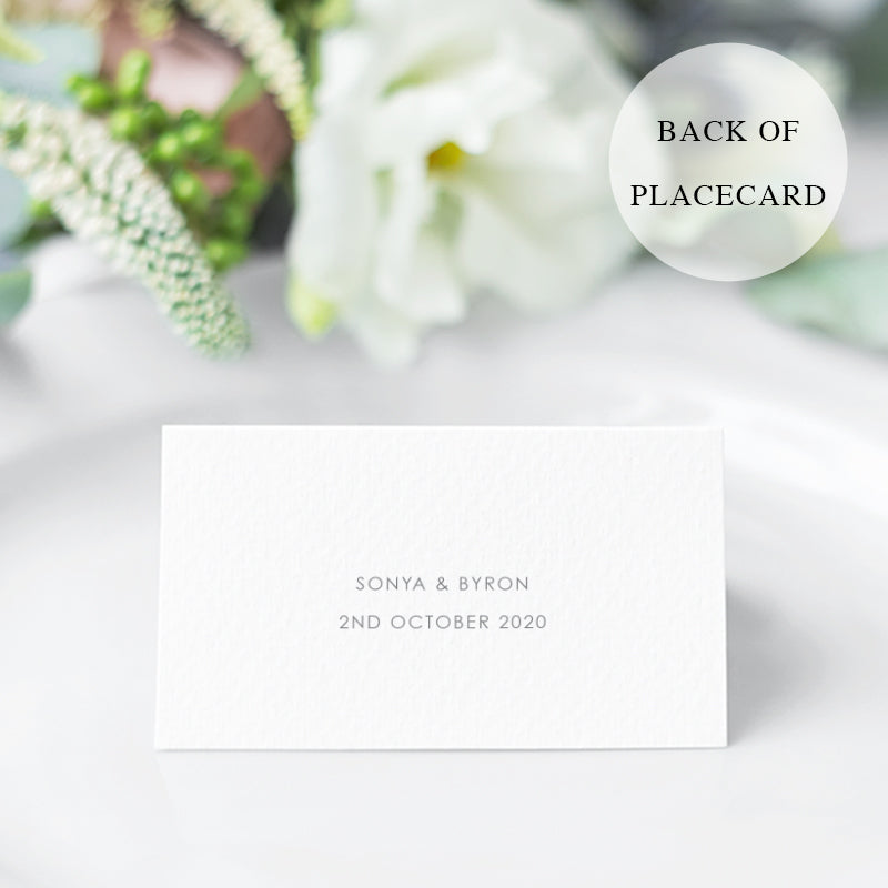MOdern wedding folded place card with modern font style for the guest name in grey and white, designed and printed in Australia