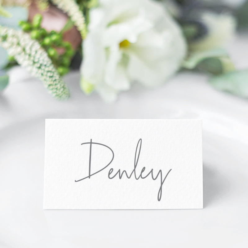 MOdern wedding folded place card with modern font style for the guest name in grey and white, designed and printed in Australia