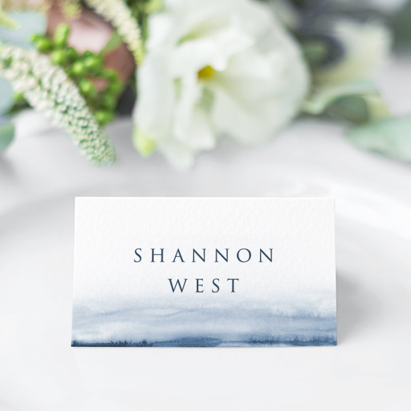 Wedding place card with navy blue watercolour wash and simple, readable font style